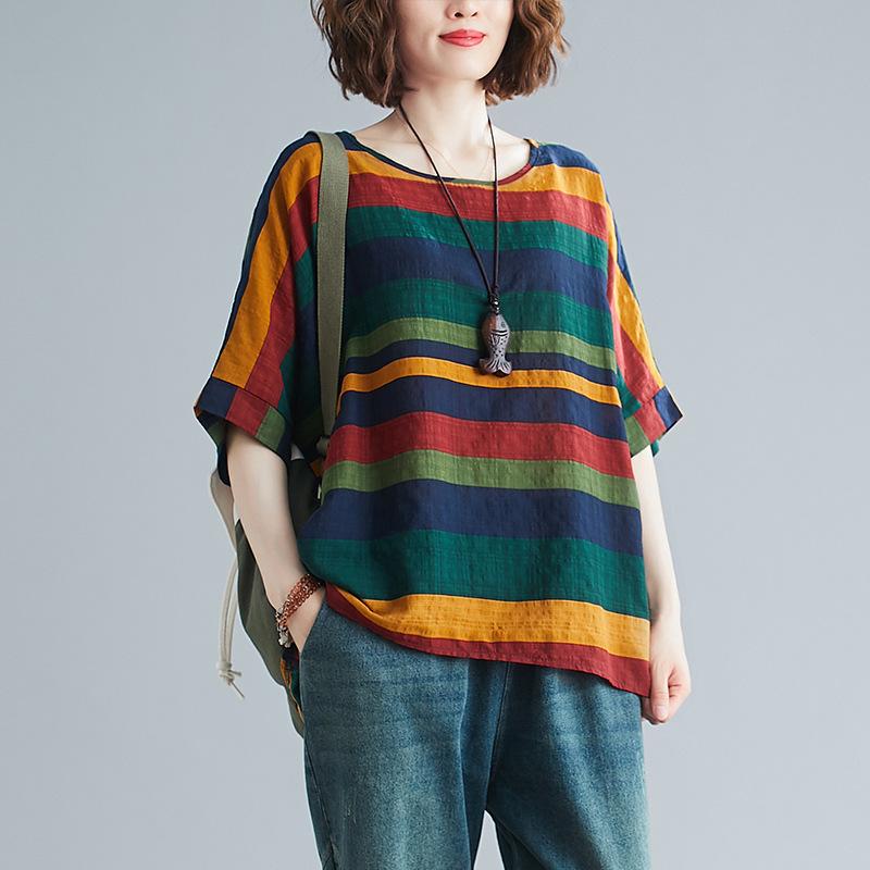 Completi Casual Donna Moda Set T-shirt Estivi Larghi Letterari Retro Strisciato Manica Corta Pantaloni Harem Set 2 Pezzi