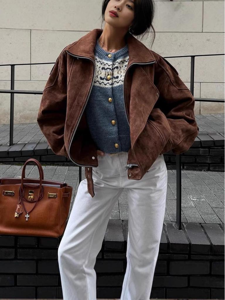 2024 Y2K Retro Braune Kurze Lockere Jacke für Damen - Frühling & Herbst Kollektion