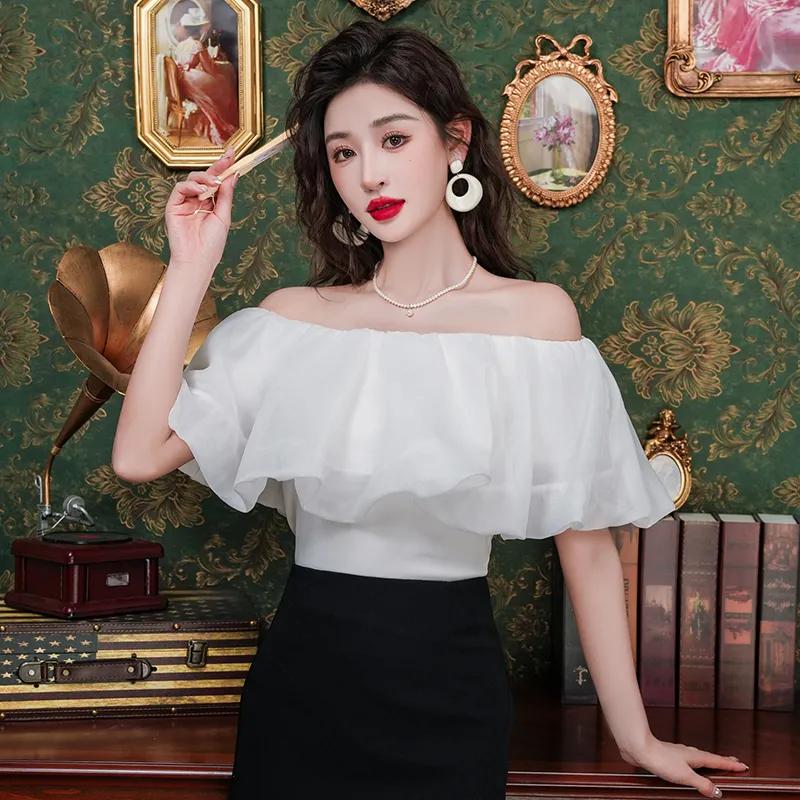 

Літня Нова Стильна Сорочка з Воланами на Одне Плече, Приталений та Універсальний Топ без Плечей для Жінок S білий