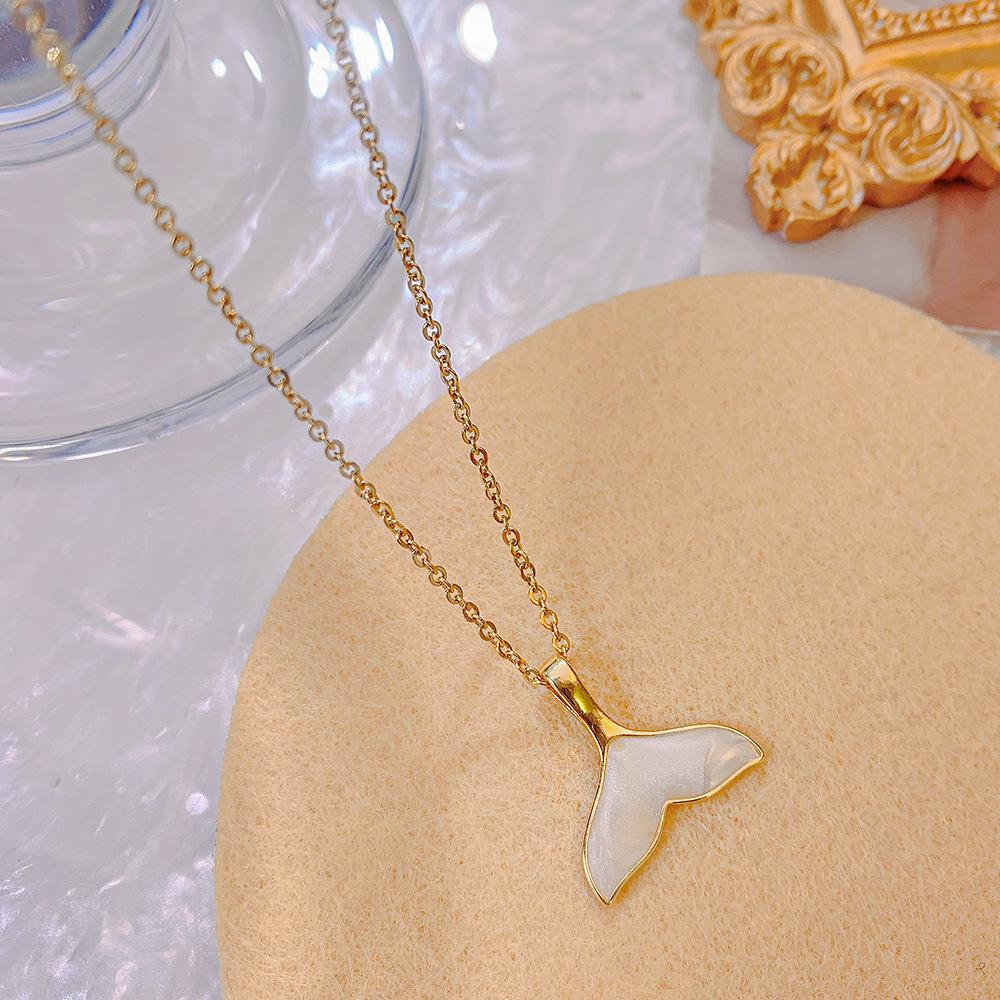 Minimalist Gold Drop Oil Mermaid Tail Pendant Titanium Steel Choker Necklace, Niche Versatile Thin Chain for Women