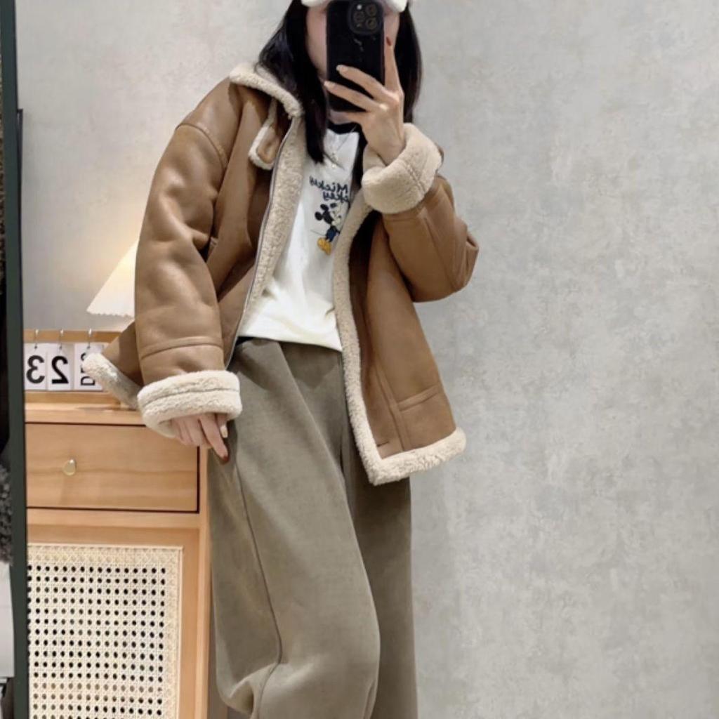 Women's Lambswool Coat: 2025 Autumn/Winter Motorcycle Jacket with Thick Fur and Plush Cotton Trim