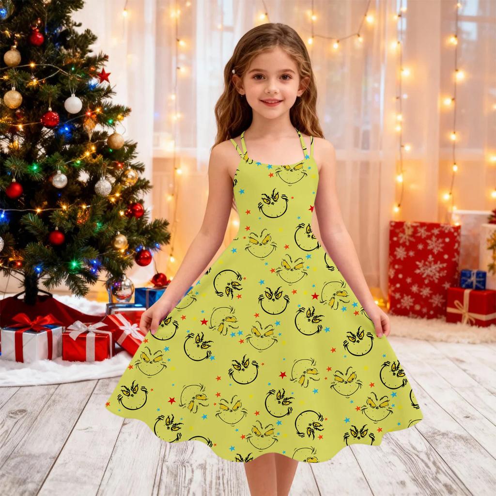 Children's Fashion Casual Christmas Print Off-Shoulder Punk Vintage Dress