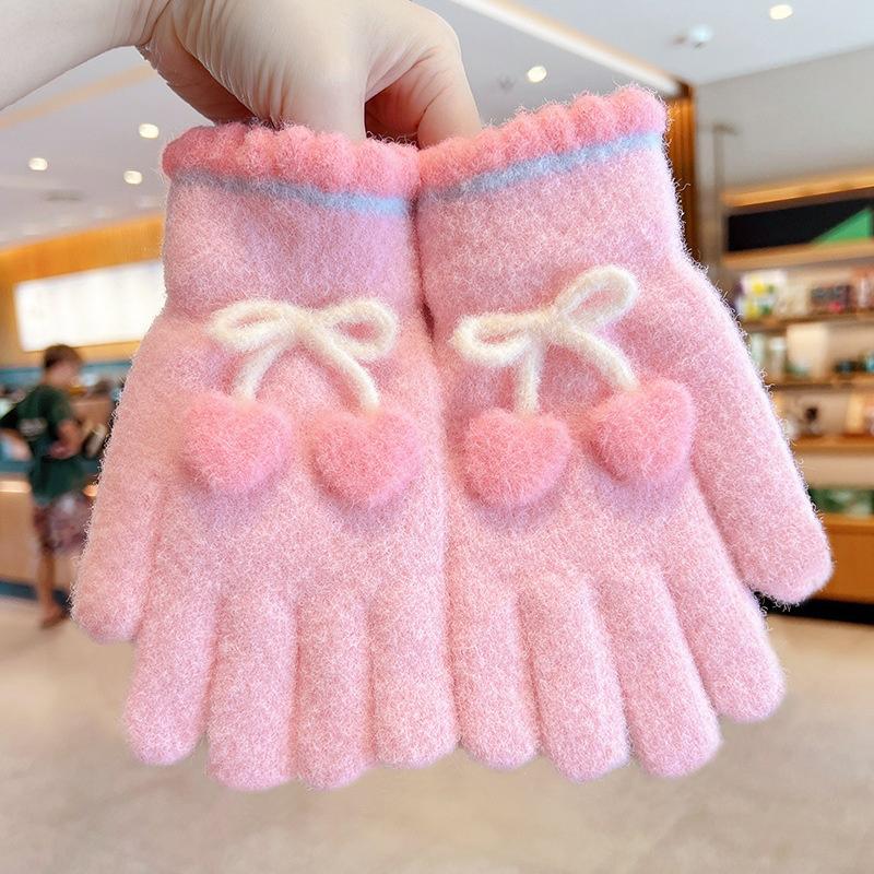 

6-12 Years Korean Sweet Cherry Love Children Warm Full Finger Gloves Winter Windproof Thicken Boys Girls Kid Cycling Mittens 1