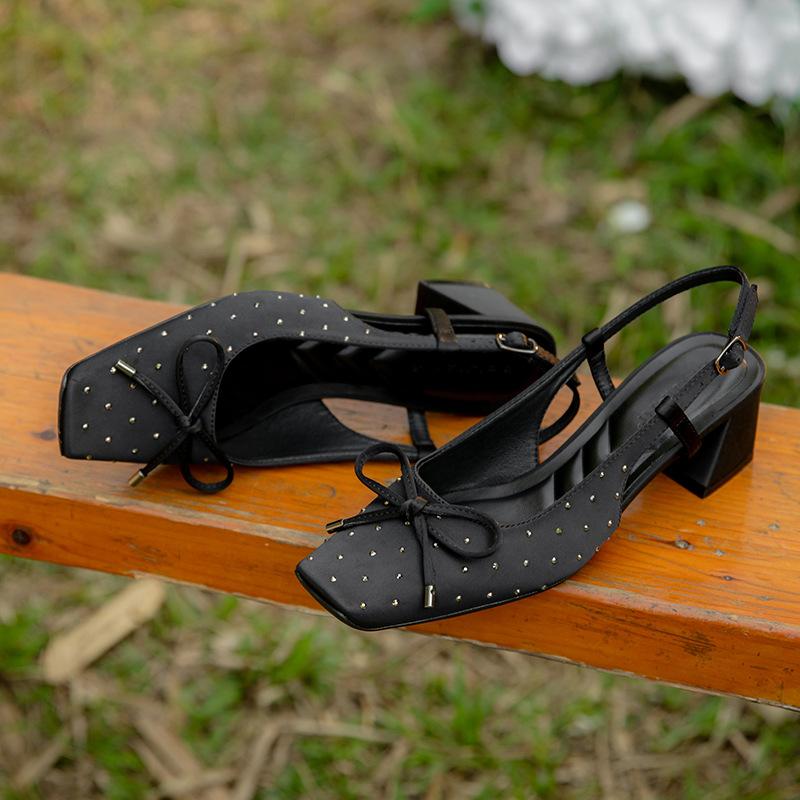 Punkte Diamant Schwarz Mary Jane Schuhe Damen Dicke Ferse Quadratische Zehenpartie Schleife Riemchen Sandalen Frühling und Sommer Neu