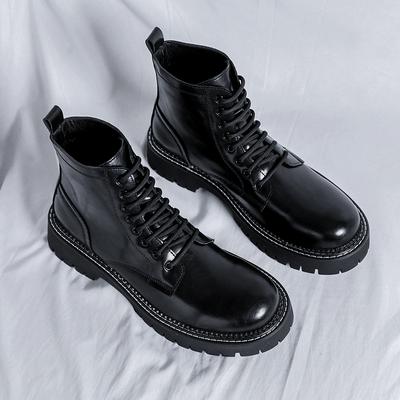 Herrenmode PU Mid Top Schnürstiefel mit dicker Sohle Denimstiefel Mode Seitenreißverschluss Runde Zehenpartie Bequem Klassisch Business Casual Stiefel