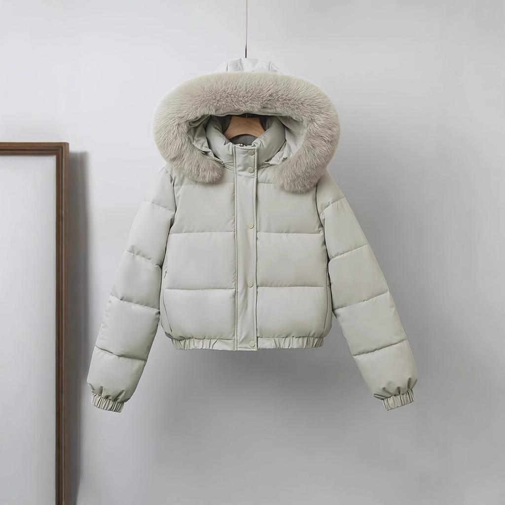 Winter Kurze Parkas Damen Baumwollgepolsterte Kleidung Samt hinzufügen Verdicken Oberbekleidung Pelzkragen Abnehmbare Kapuze Mäntel Warme Jacken