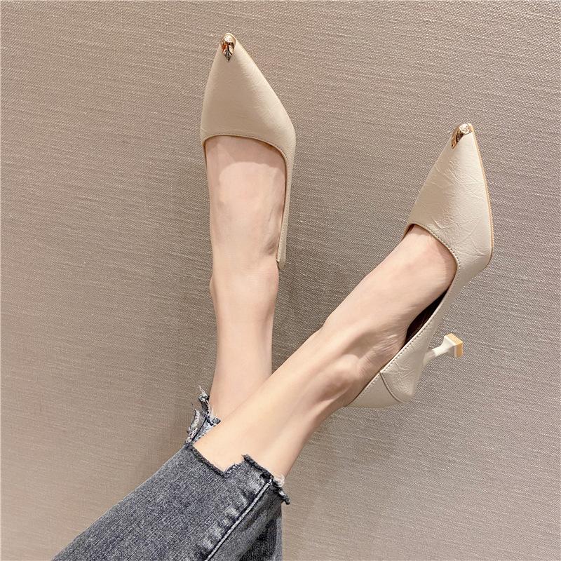 2025 New Single Shoes Women's Black Light Mouth High Heels Korean Version Pointed Thin Heels Professional Uniform Work Shoes 5A