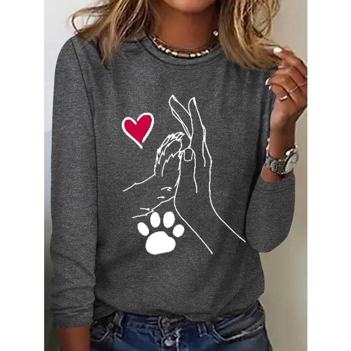 Round Neck 3D Printed Love Cat Footprint Pattern Top Fashionable Casual Long Sleeved Women's T-shirts