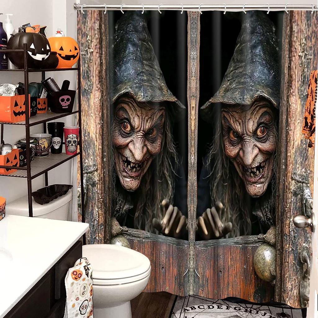 Gruseliger Halloween-Duschvorhang mit Hexenmotiv, wasserdicht, rutschfest, inklusive WC-Vorleger und 12 Haken, Heimdekoration