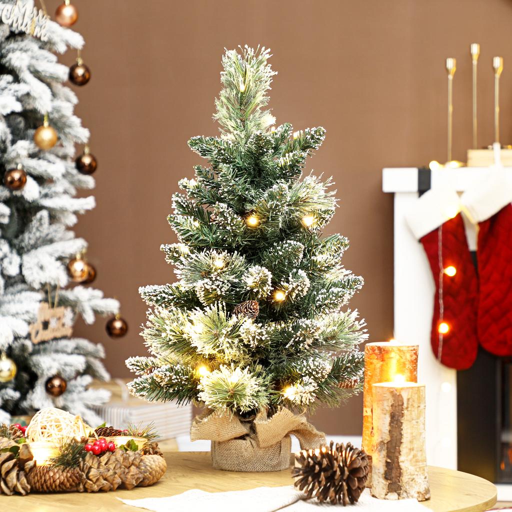 Artificial Christmas Tree 60cm, Mini Flocked Tabletop Christmas Tree with 35 LEDs, Pine Cones, Battery Operated, Green
