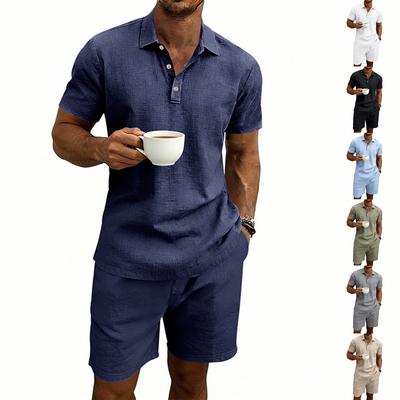 Men's Linen Short Sleeve Shirt and Shorts Set Casual Lightweight Breathable Two Piece Outfit Summer Relaxed Fit