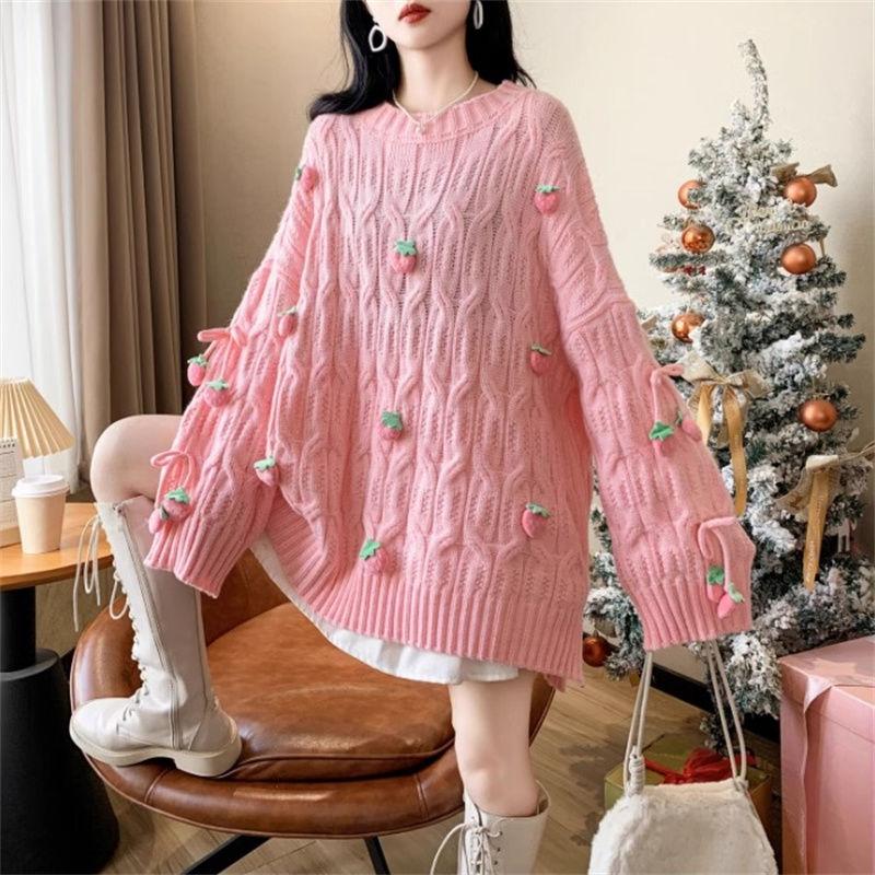 

Женский 3D Декоративный Свитер с Клубникой Корейский Свободный С Круглым Вырезом Женский Вязаный Свитер Зимний Модный Удобный Женский Топ Onesize розовый