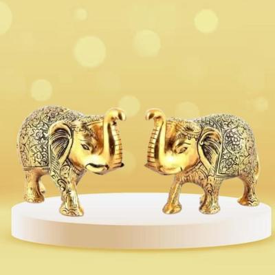 Metal Elephant Statue Small Size Gold Polish 2 Pcs Set for Your Home Decor | Office | Table Decorative | Gift Article | Animal Showpiece