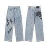 Unisex Cro Cross Skinnlapp Vasket Denim Jeans - Par Street Style Løs Passform Lange Bukser