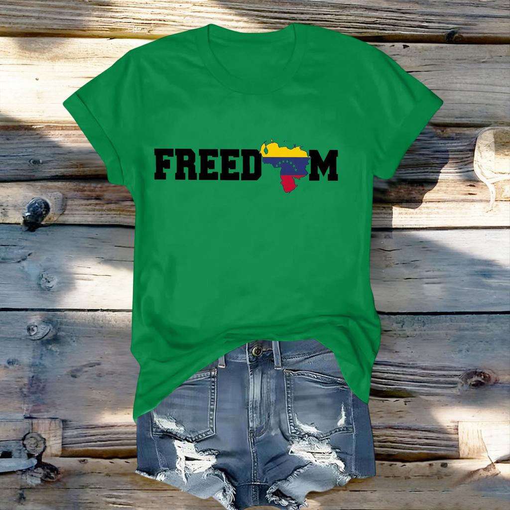 Women's Fashionable Round Neck Casual Retro Print Short Sleeved T-shirt Top