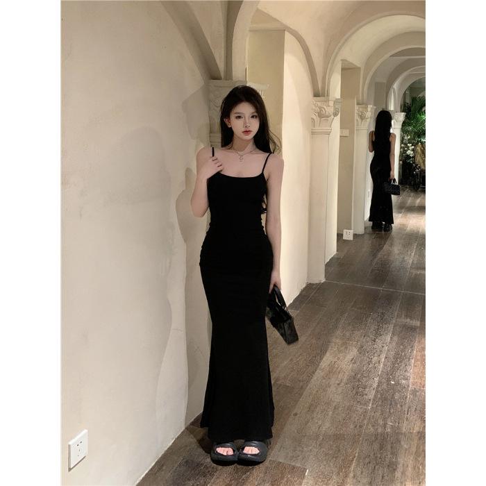 Pure desire wind sexy seaside suspender dress women's summer beautiful sleeveless waist thin fishtail hip wrap medium and long dress