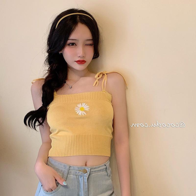 New Summer Internet Celebrity Bottoming Knitted Small Camisole Embroidered Slim Outside Wearing Crop Top for Women