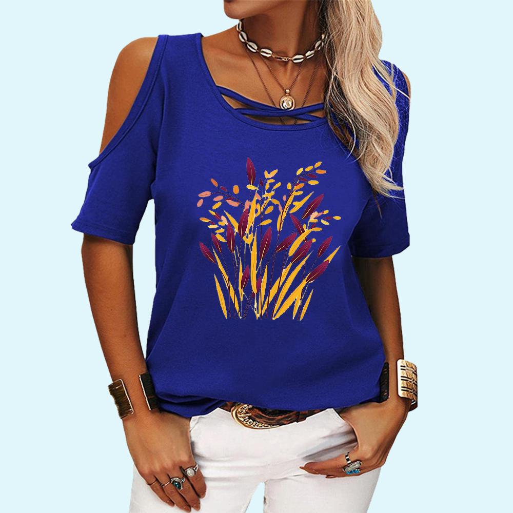 Women Fashion Round Collar Tee Shirt Summer Off Shoulder Short Sleeve Top Casual Floral Print T-shirt