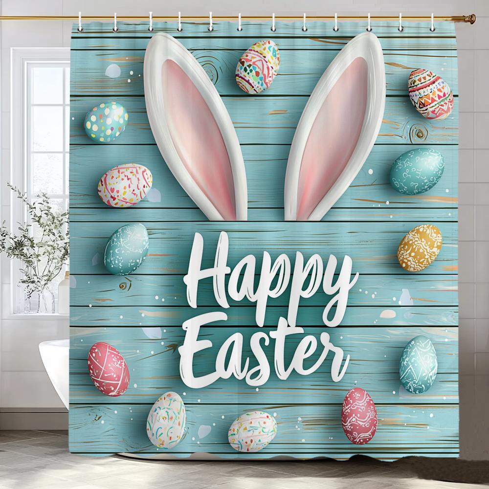 Happy Easter Bunny Eggs In Wooden Board Hole Cartoon Shower Curtain, Bathroom Decorative Shower Curtain, Home Curtain with Hooks