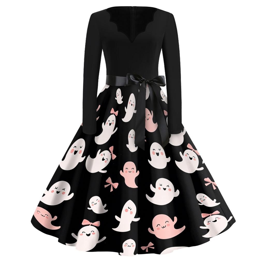 Women Long Sleeve V Neck Dress Vintage Halloween Print Midi Dress with Waist Tie Retro Casual Fit and Flare Dress for Daily Wear