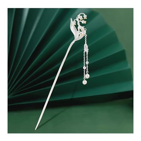 Miaomyao Kanzashi Haarnadel, Japanisches Traditionelles Haaraccessoire für Kimono, Metall Antike Maiglöckchenblume mit Perlen, Silber, Zart und