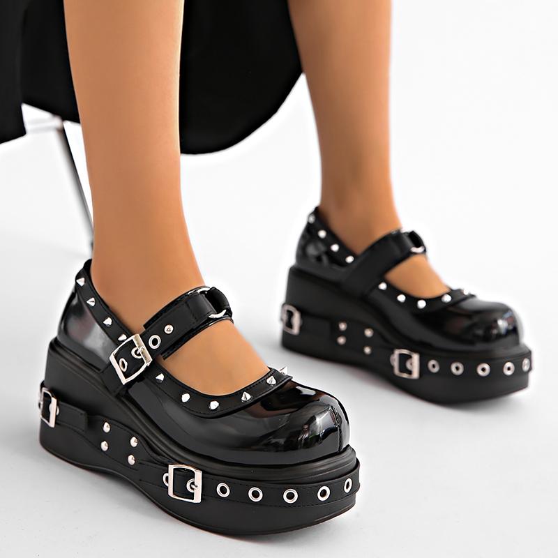 Fashion Punk Platform Mary Jane Shoe for Women Black Patent Leather Wedge Heel Loafers Woman Thick Sole Rivet Buckle Gothic Lolita Shoes