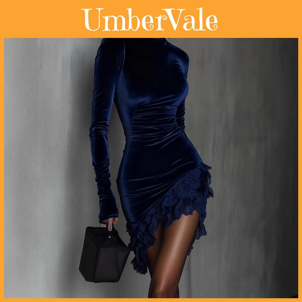 European Style Velvet Turtleneck Dress With Lace Hem For Evening Parties