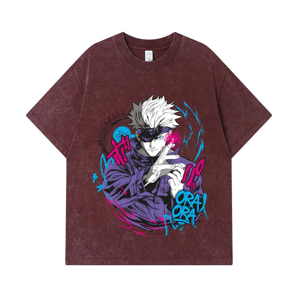 275 GSM Washed T-shirts 100% Cotton Jujutsu Kaisen V59 Gojo Print Unisex Heavy Cotton T Shirt