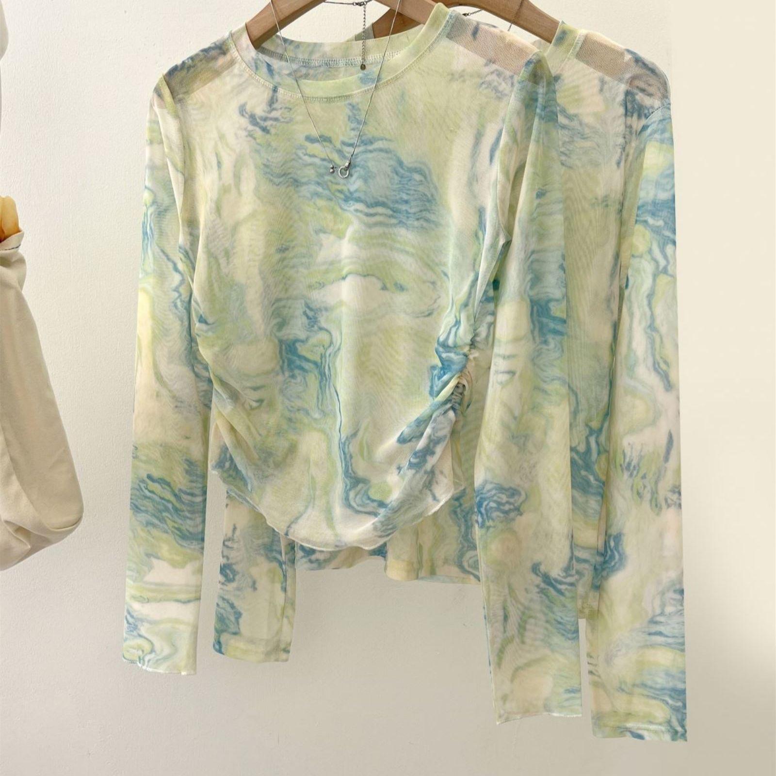 

Cropped Waist-Cinched Crop Top Mesh Blouse for Women Summer Thin Sheer Sun Protection Shirt Versatile Slim-Fit Tie-Dye T-Shirt S