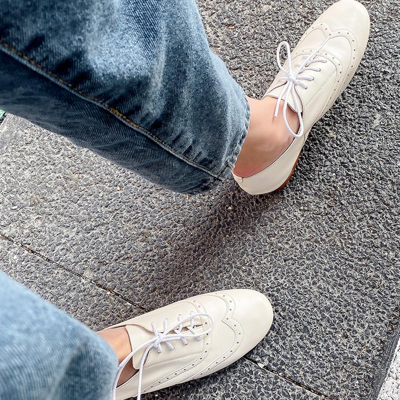 Fashion 2024 New Women Shoes Genuine Leather Block Flats Loafers Round Toe Lace-up Footwear Ladies Shoes for Women Retro Oxford Shoes