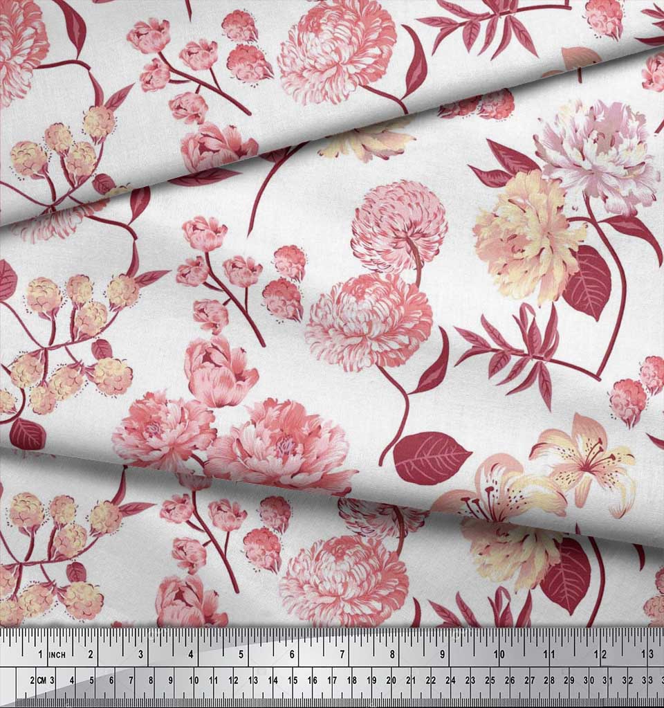 Soimoi Japan Crepe Satin Fabric Leaves,Peony & Dahlia Flower Printed Fabric 1 Metre 42 Inch