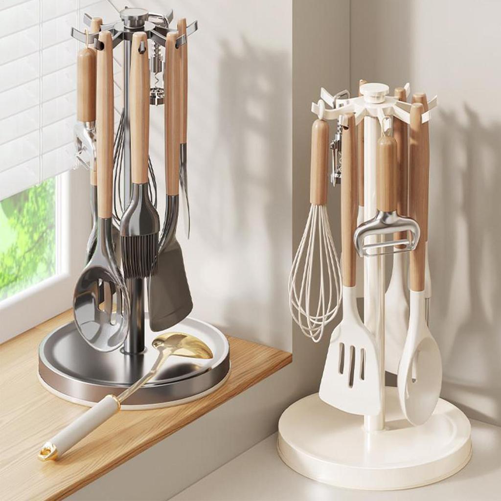 Rotating Utensil Holder with 8 Hooks 360-degree Rotation Cookware Holder Spoon Organizer Stirring Rod Organizer Rack for Kitchen