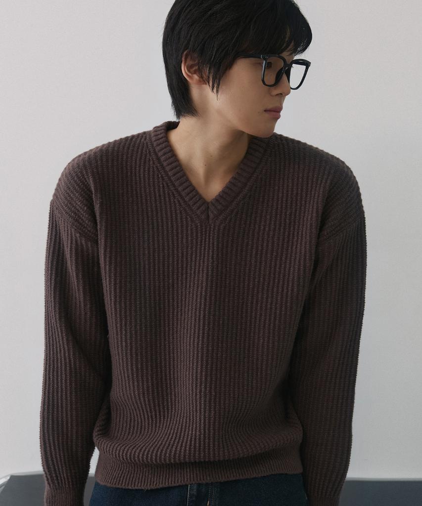 NODU V-Neck Waffle Essential Knit [Brown]