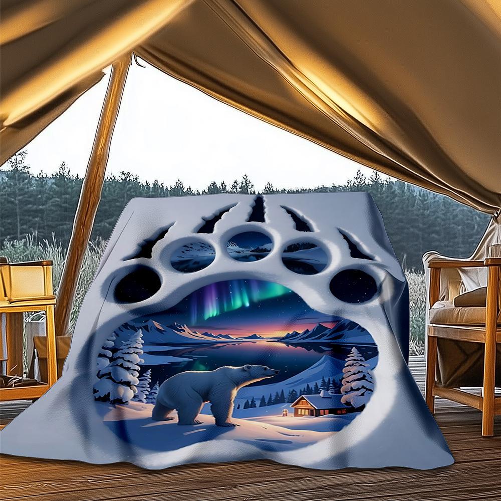 

1pc Polar Bear Footprint Throw Blanket Polyester Fiber, Lightweight Flannel, Soft & Warm, All Season Use for Outdoor, Camping Digital Print 80x120cm
