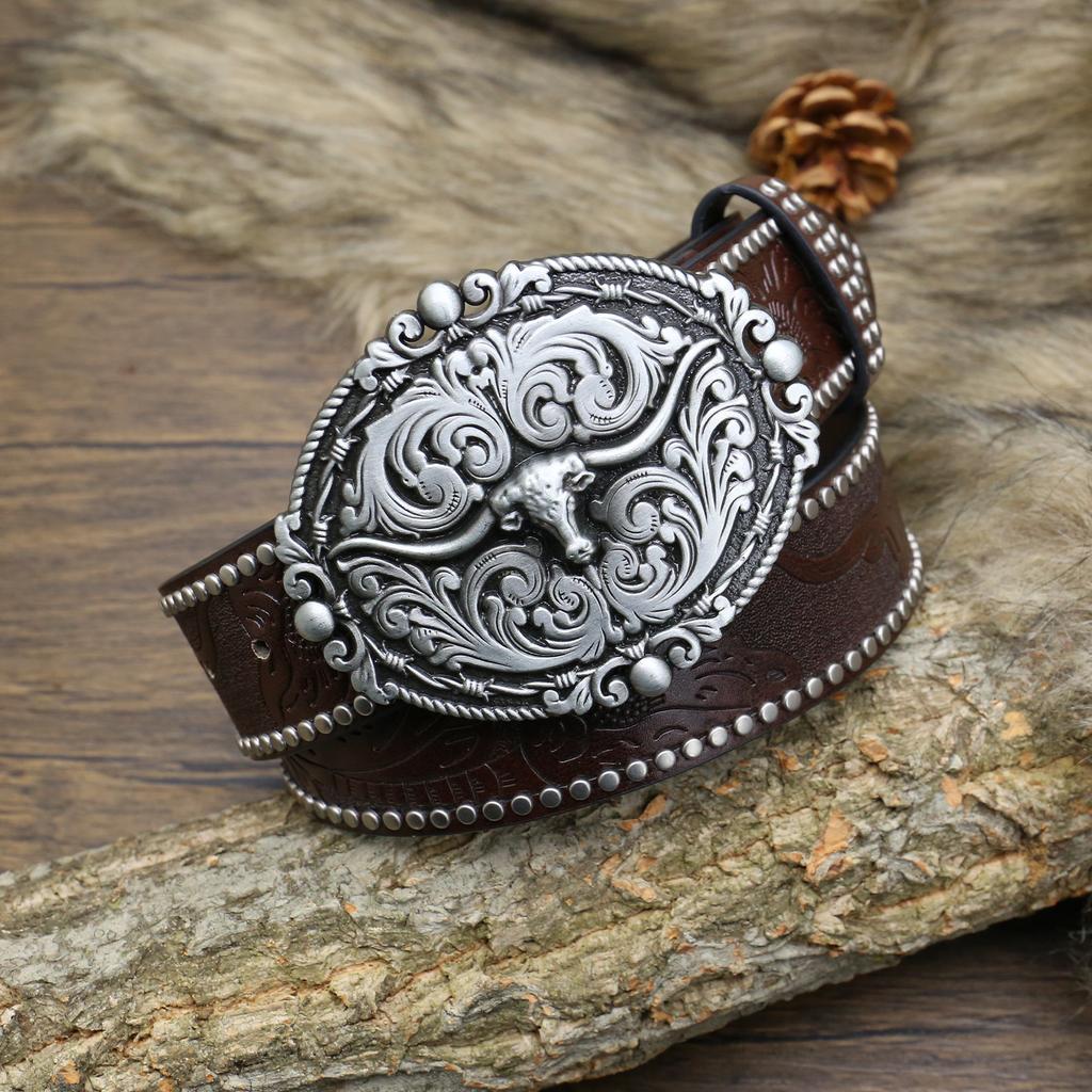 Western Denim Belt Carved Bull Head Vintage Edge Beads Men'S Punk Hip Hop Pu Leather