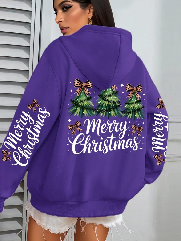 Merry Christmas Bow Tree Pattern Women'S Hoodie Casual Hoodie Autumn Hooded Sweater