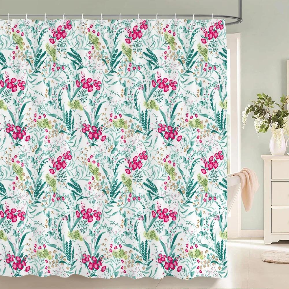 Nordic style Flower Leaf Plant Printed Fabric Shower Curtains Floral Bath Screen Waterproof Products Bathroom Decor with Hooks