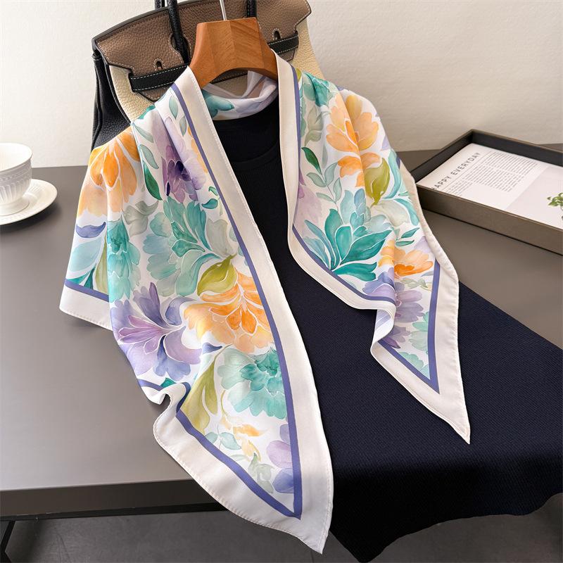 Art flower triangle scarf simulation silk printing sunscreen shawl waist scarf silk scarf scarf headscarf women