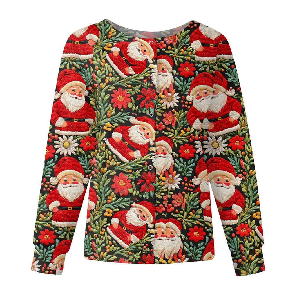 Damska codzienna modna kurtka z długim rękawem zapinana na jeden guzik z nadrukiem świątecznym