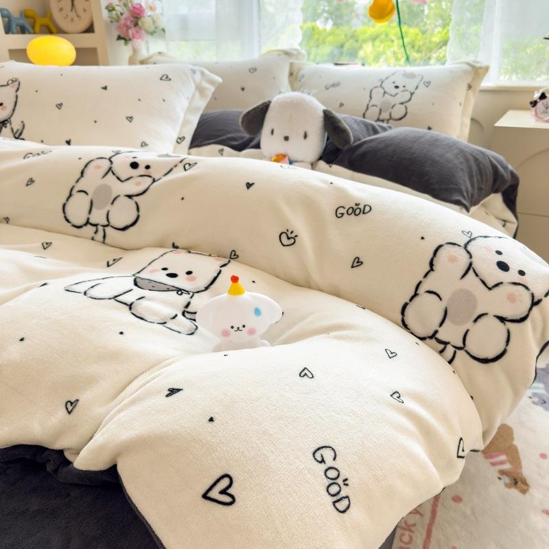 Thickened Milk Fleece Four-Piece Set, Coral Flange Double-Sided Fleece Quilt Cover, Bed Sheet, Bed Hat Three-Piece Set