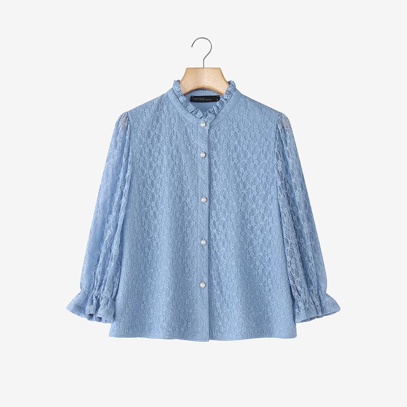 ZANZEA Women Casual Stand Collar 3/4 Sleeve Patchwork Lace Blouse
