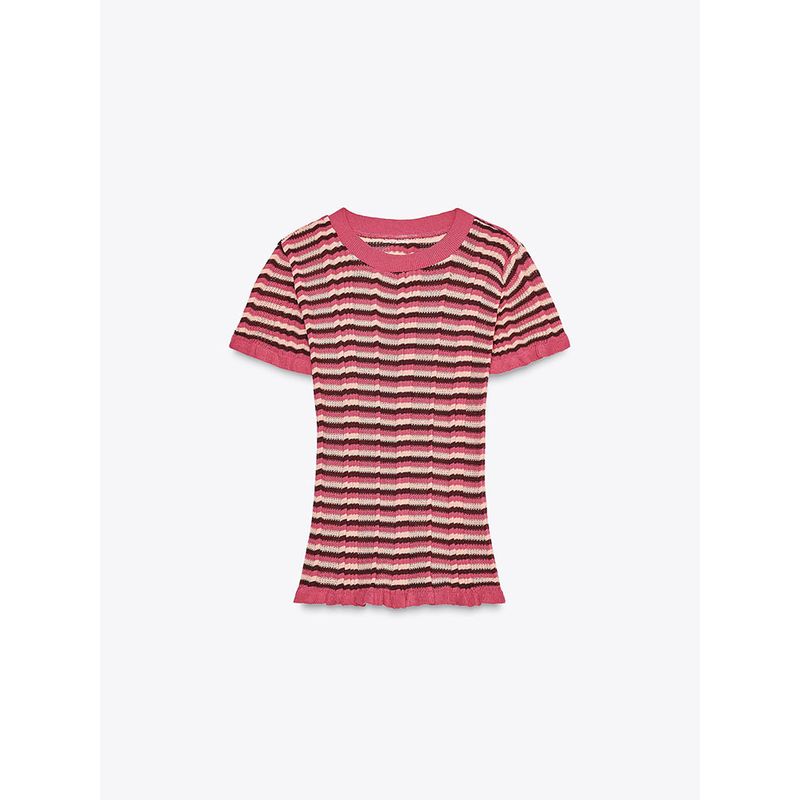 Za2025 Summer New Women clothes Versatile Comfortable Laminated Decoration Stripe round Neck Short sleeve T-shirt 5644786