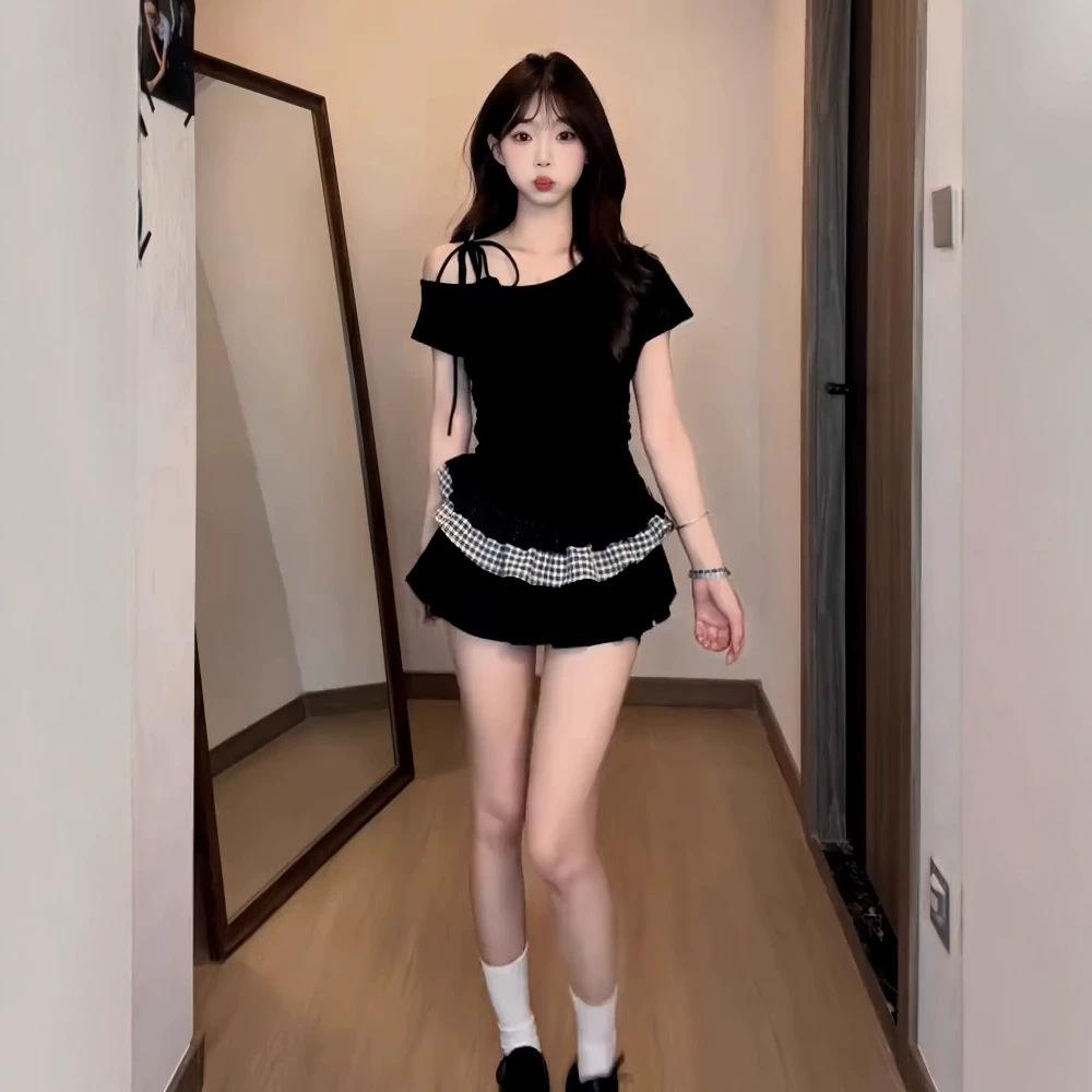Korean design hem lotus leaf splicing plaid short-sleeved t-shirt summer Korean hottie slim and thin slanted shoulder tide