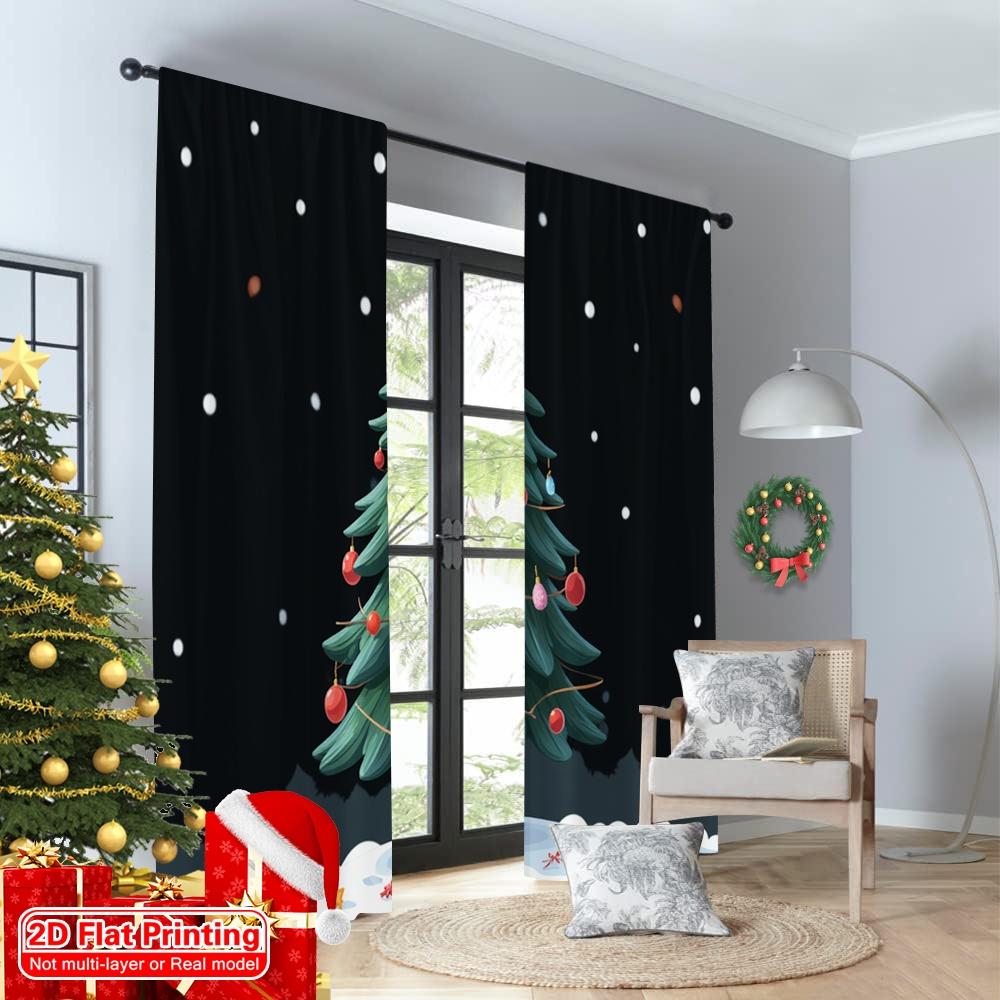 2pcs 2D flat printing Merry Christmas Curtain Retro Christmas Tree Festive Holiday Fabric Without Electricity Family Party Use