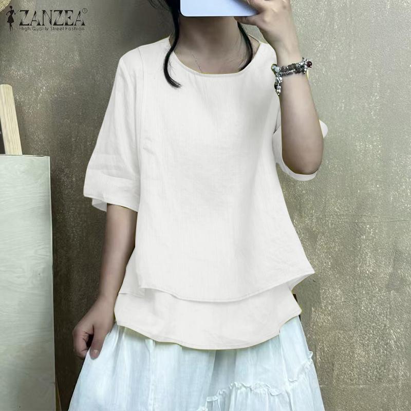 ZANZEA Women Summer Round Neck Loose Casual Half Sleeve Blouse