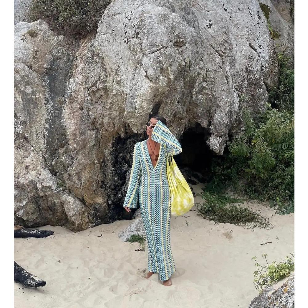 Crochet Colorful Stripe Maxi Dress Women Flare Sleeve V-neck High Split Sexy Long Dresses Beach Banquet Vestidos