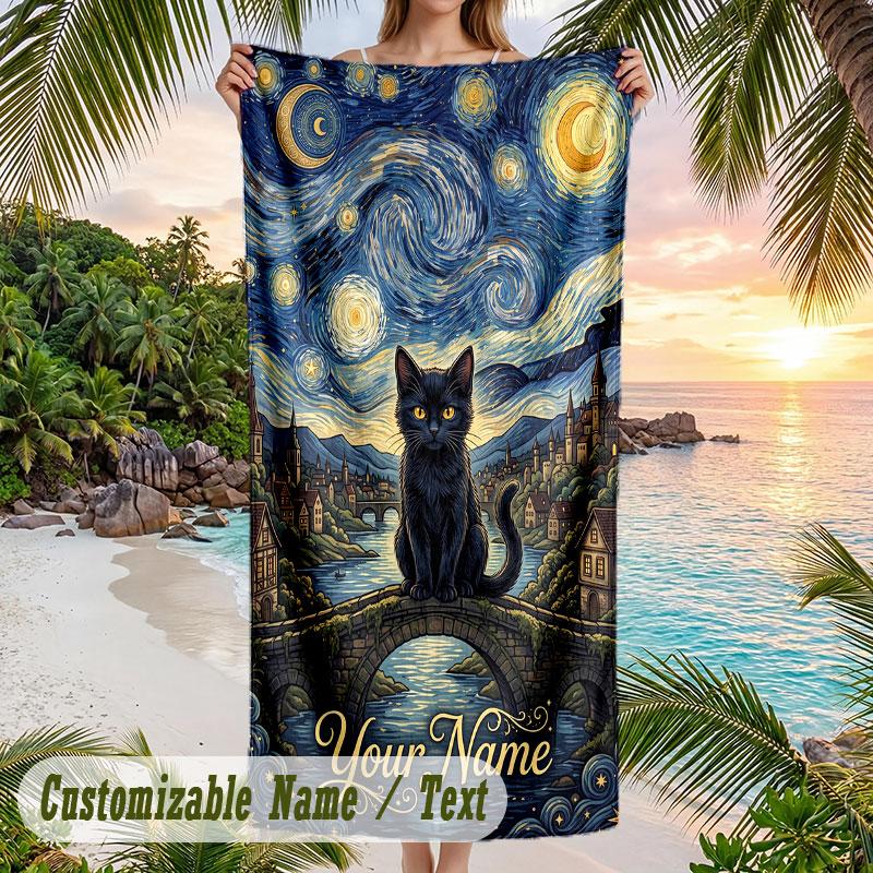 Starlit Mandala Theme Quick Dry Beach Towel Custom Name Text Print Large Sand Resistant Towel Beach Vacation