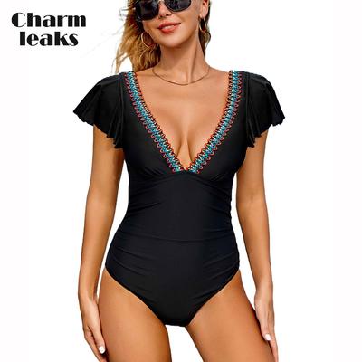 Tek Parça Mayo Renkli Bant Kadın Fırfır Kenar V Yaka Mayo Seksi Monokini Mayo S-XL