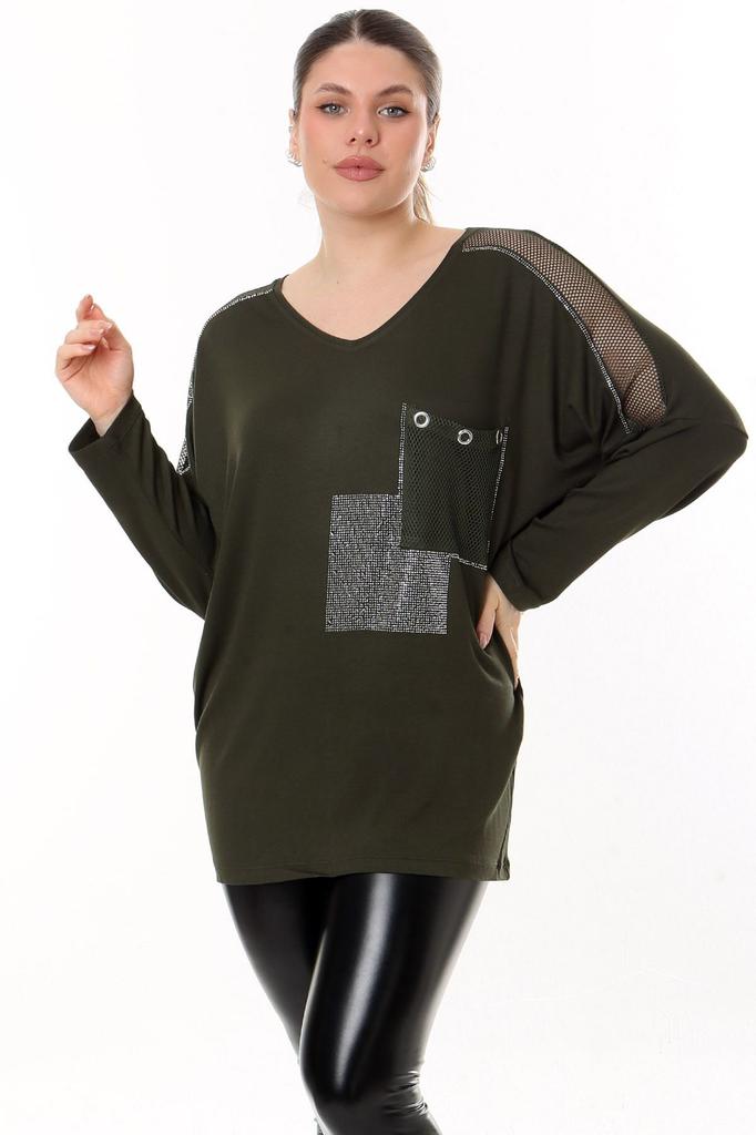 Damen-Bluse in großen Größen, V-Ausschnitt, Tasche und Ärmel, Mesh-Detail, Steinstickerei, lange Ärmel, bequeme und fließende, flexible Bluse