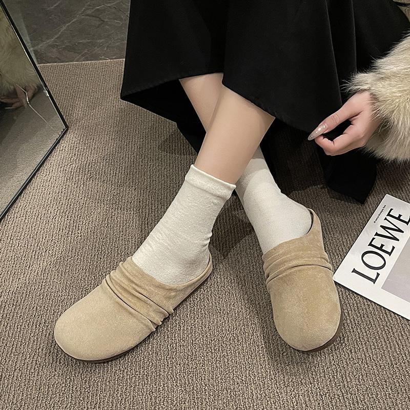 Fashion Aphixta Pleated Candy Color Flat Outside Woman Slippers Round Toe Low Heel Suede Slip On Half Slide Spring Summer Woman Shoes